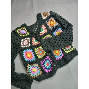 SHEIN Granny Square Crochet Cardigan Black Multi Boho Patchwork Sweater Large